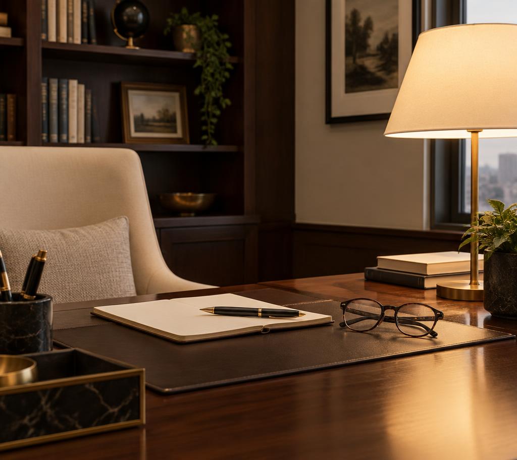 A quiet advisor's office desk with a notebook and reading glasses